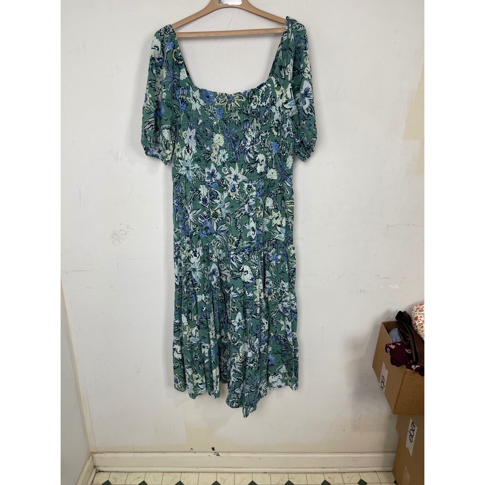 Sonoma Goods For Life Floral Smocked Midi Dress Green Blue XL Short Puff Sleeve